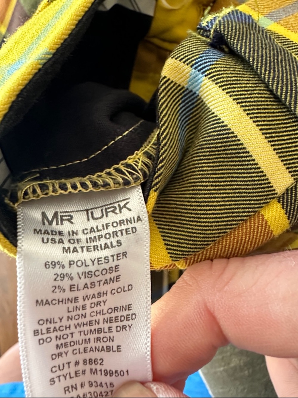 Mr Tur Men's Yellow Plaid Chinos – Modern Slim Fit Size 30 - Picture 4 of 4
